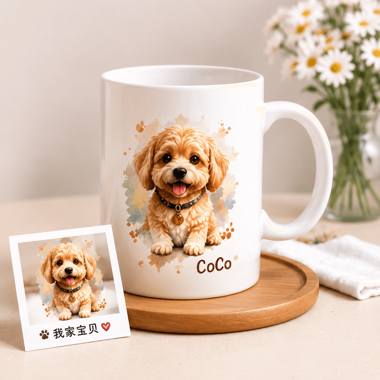 AI pet portrait on mug merchandise preview