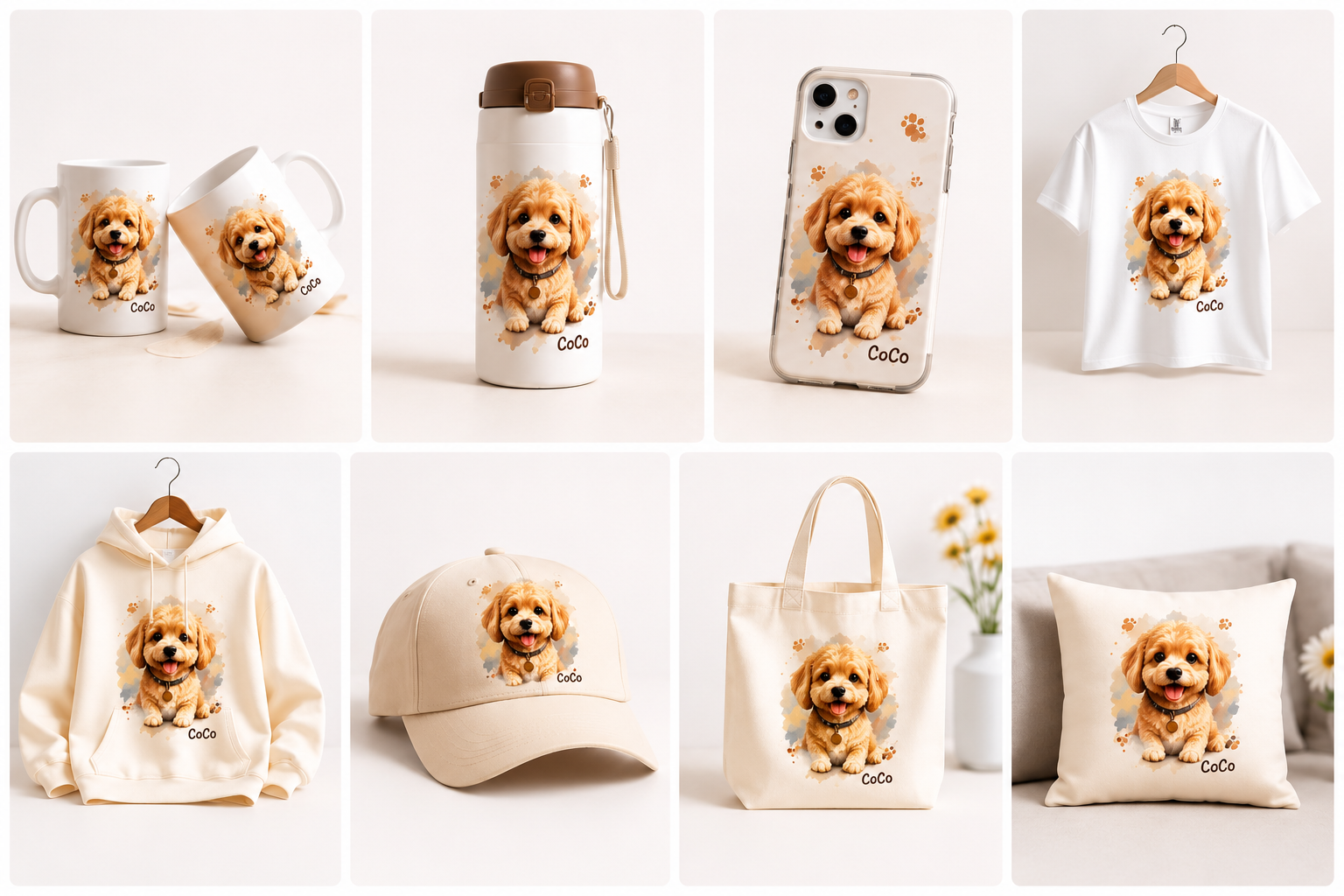 AI pet portrait merchandise grid preview